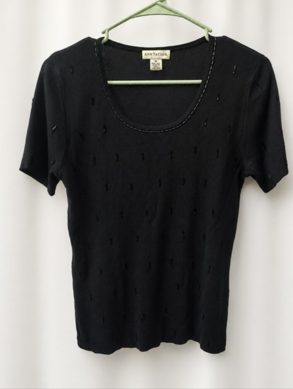 Ann Taylor 100% Silk Black Top Short Sleeve Beaded Scoop Neck M Quiet Luxury